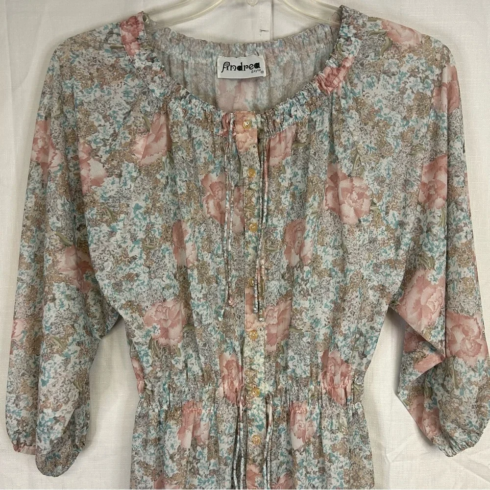 Vintage 1970's Sheer Midi Dress Pullover Button Up Duster Kaftan Floral Size M - Picture 6 of 14